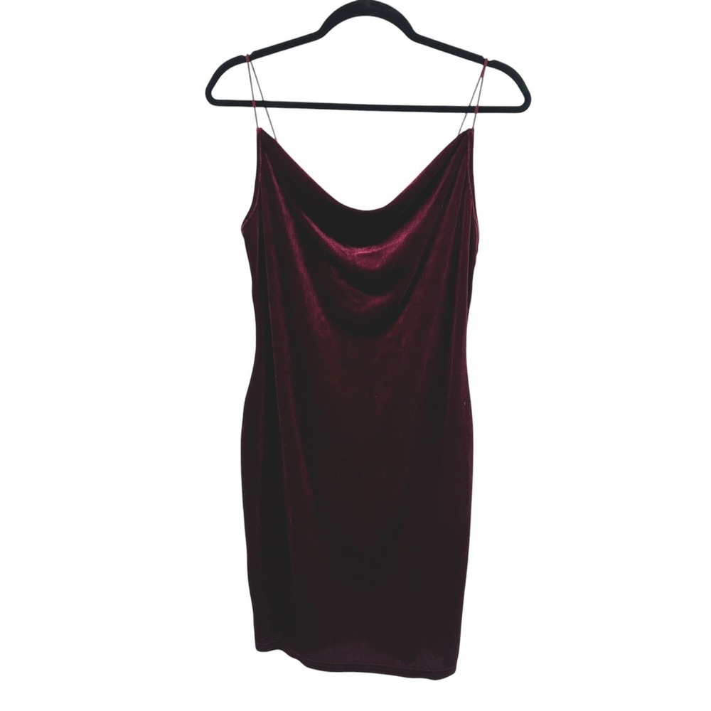 Velvet Cowl Neck Bodycon Dress L Burgundy Midi Y2K Dark Romantic Date Night - Picture 2 of 9